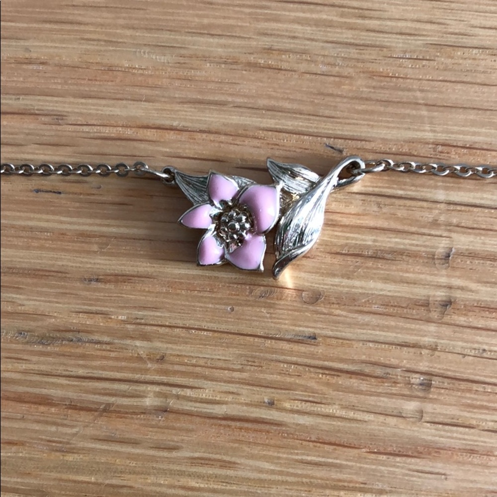 Gold Tone Necklace w/ Pink and Gold Flower Pendent